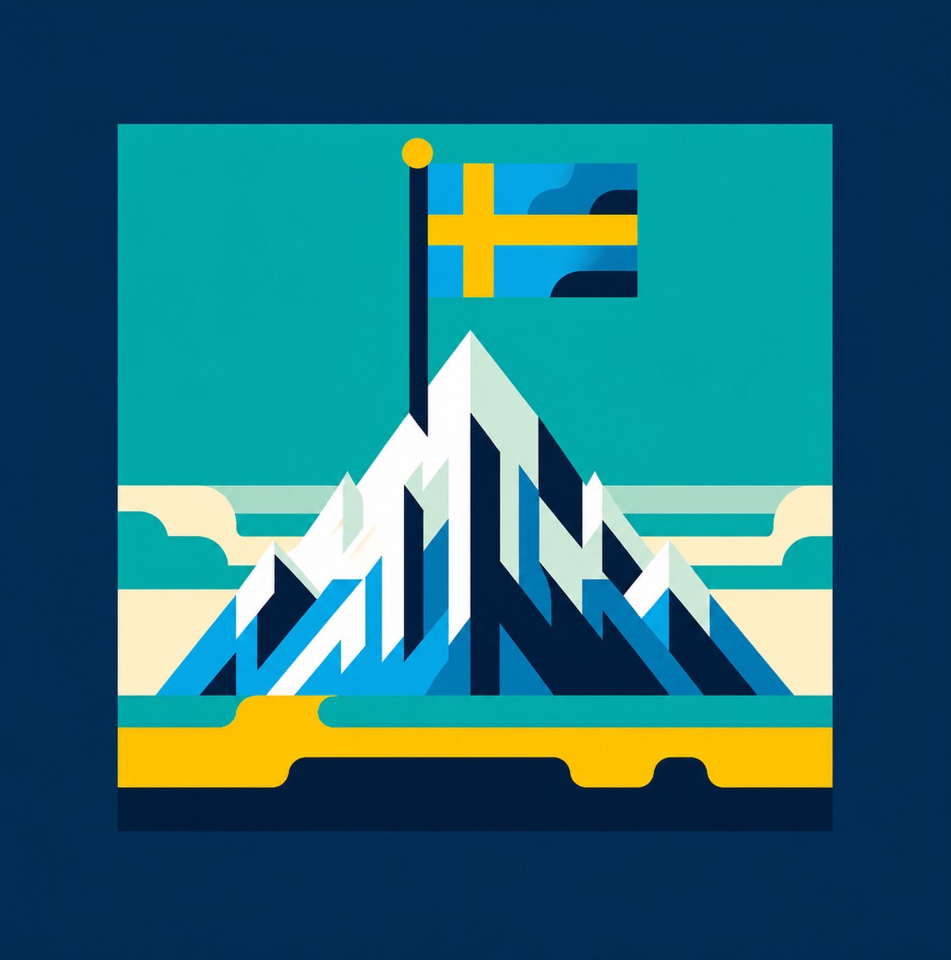 Grafisk illustration av en snöklädd bergstopp med en svensk flagga på toppen