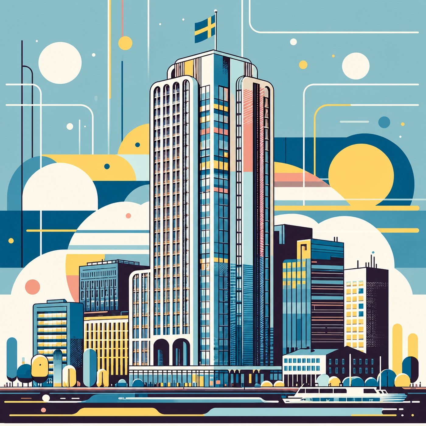 Grafisk illustration av en svensk skyskrapa med en flagga på toppen