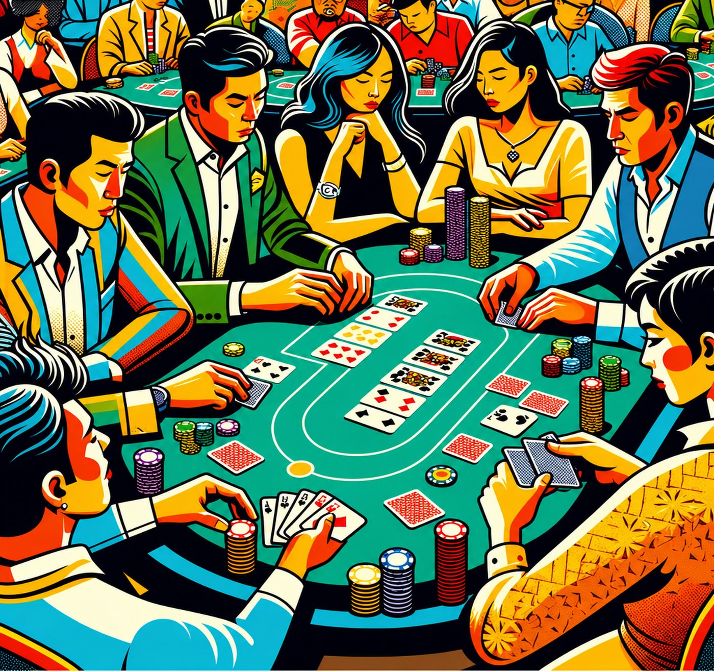 Illustration av människor som spelar poker vid ett fullsatt spelbord