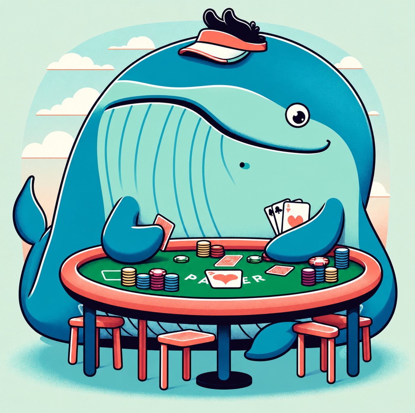 En glad blå val med solskärm sitter och spelar poker vid ett spelbord