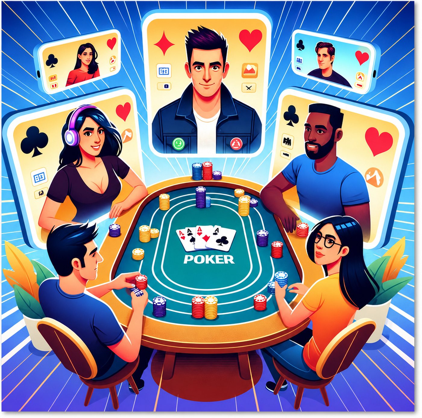Illustration av personer som spelar poker online via webbkameror vid ett virtuellt spelbord
