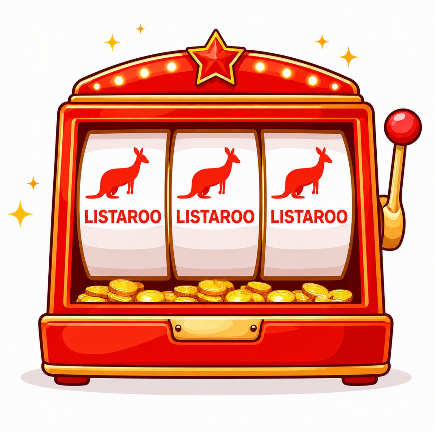 Röd spelautomat med tre hjul som visar kängurur och texten Listaroo